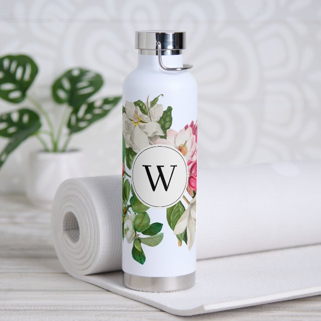 Vintage White & Pink Magnolia Flowers Monogram Water Bottle (Yoga)