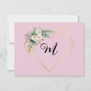 Vintage White Pink Roses Golden Heart Monogram Holiday Card