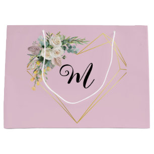 Vintage White Pink Roses Golden Heart Monogram Large Gift Bag