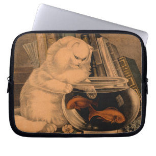 Vintage White Playful Cute Cat Catching Goldfish Laptop Sleeve