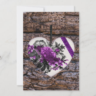 Vintage White Purple Floral Heart on Dark Wood  Holiday Card