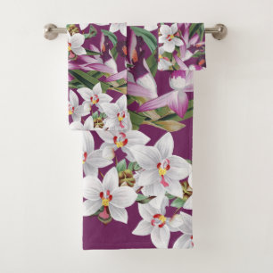 Vintage White Purple Orchid Flowers Bath Towel Set