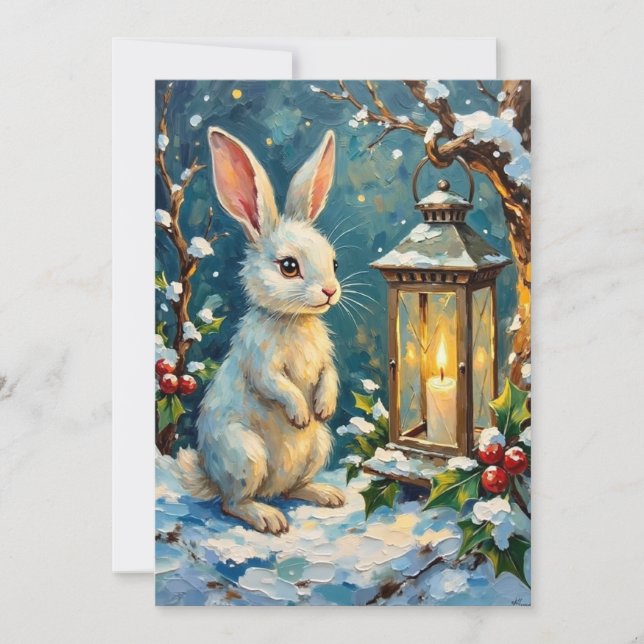 Vintage White Rabbit with Christmas Lantern Holiday Card (Front)