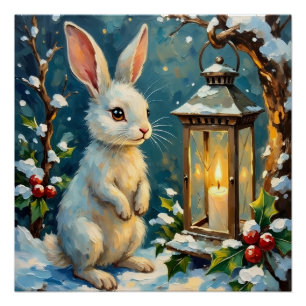 Vintage White Rabbit with Christmas Lantern Poster