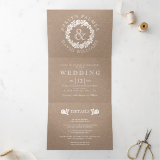 Vintage white rose wreath kraft cardboard wedding Tri-Fold invitation