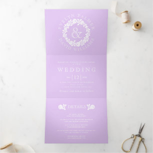 Vintage white rose wreath lavender purple wedding Tri-Fold invitation