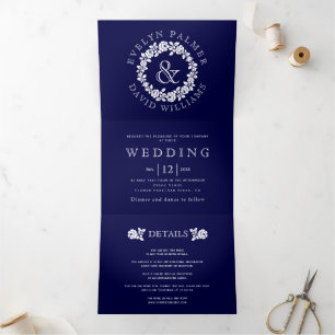 Vintage white rose wreath navy blue wedding Tri-Fold invitation