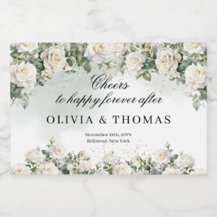 Vintage white roses and greenery foliage wedding sparkling wine label