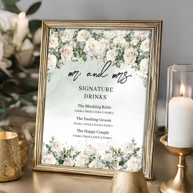Vintage white roses and greenery signature drinks poster (Whimsical boho white roses and eucalyptus greenery Mr. and Mrs. signature drinks tabletop sign)