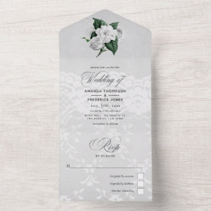 Vintage White Roses and Lace Wedding All In One In Invitation