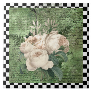 Vintage White Roses & Chequerboard Ceramic Tile