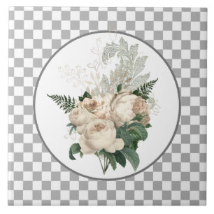 Vintage White Roses Chequerboard  Ceramic Tile