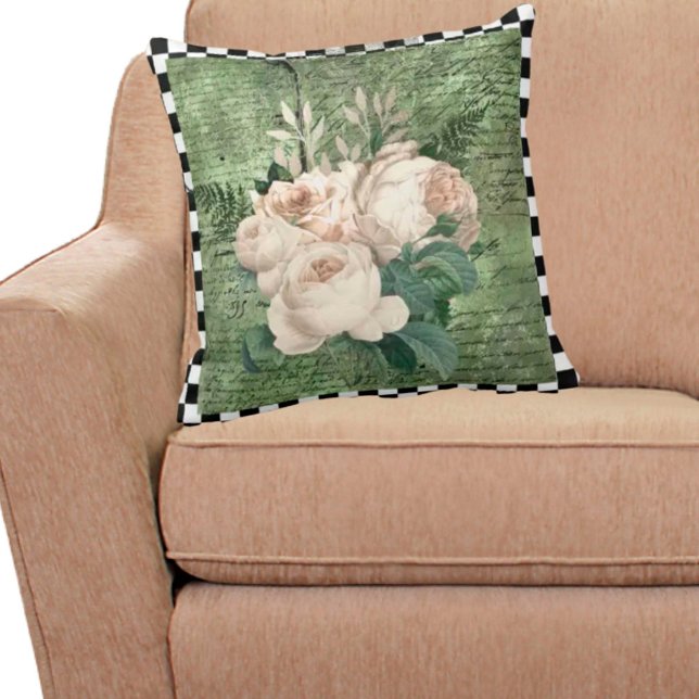 Vintage White Roses & Chequerboard Cushion (Creator Uploaded)