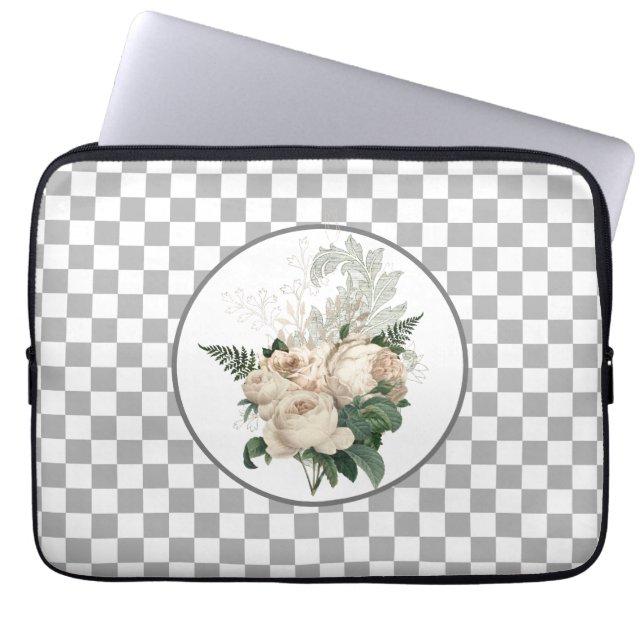 Vintage White Roses Chequerboard  Laptop Sleeve (Front)