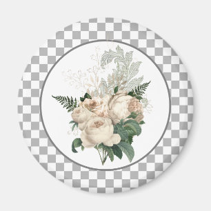 Vintage White Roses Chequerboard Magnet