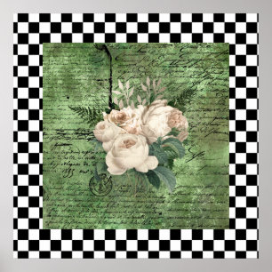 Vintage White Roses & Chequerboard   Poster