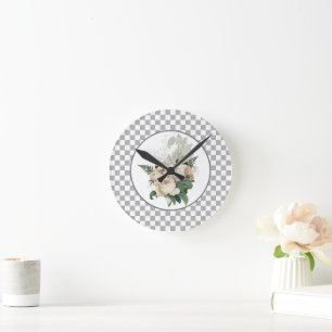 Vintage White Roses Chequerboard  Round Clock