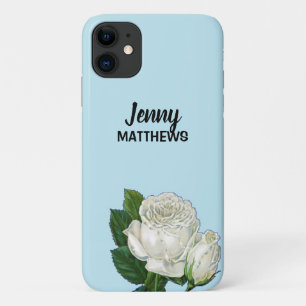 Vintage white roses custom name on blue iPhone 11 case