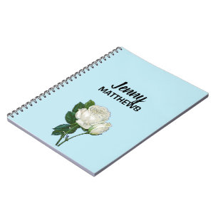 Vintage white roses custom name on blue notebook