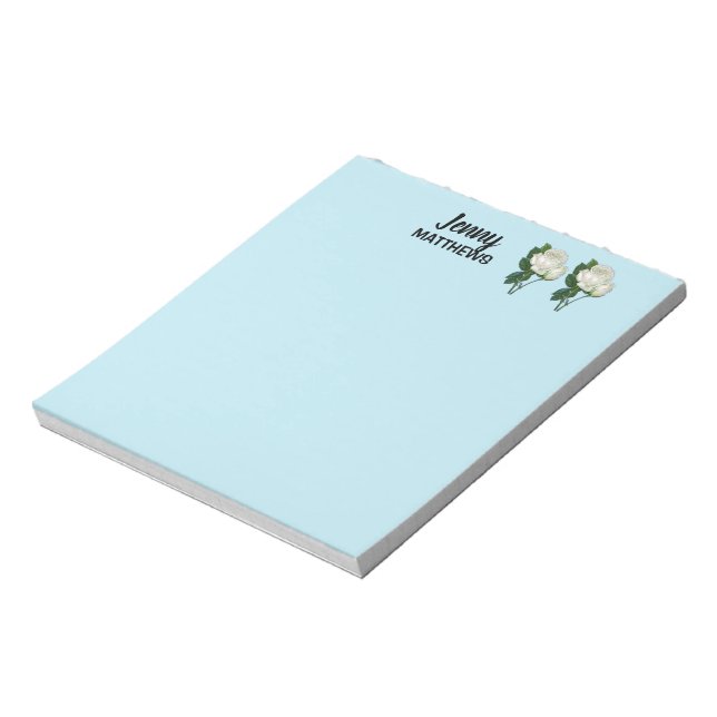 Vintage white roses custom name on blue notepad (Rotated)