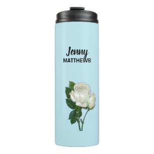Vintage white roses custom name on blue thermal tumbler