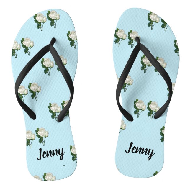 Vintage white roses custom name on blue thongs (Footbed)