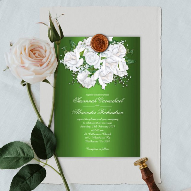 Vintage White Roses, Emerald Green Wedding Invite (Creator Uploaded)