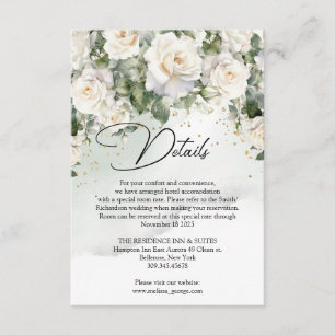 Vintage white roses eucalyptus greenery and gold enclosure card