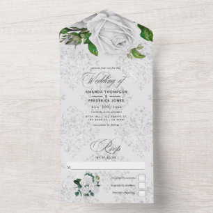 Vintage White Roses Wedding All In One Invitation