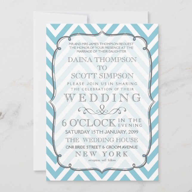 Vintage White & Sky Blue Chevron Stripes Wedding Invitation (Front)