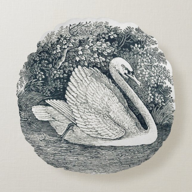 Vintage White Swan by Thomas Bewick Round Cushion (Front)