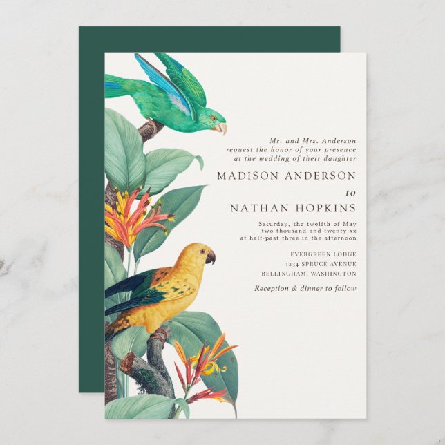 Vintage White Tropical Bird Wedding Invitation (Front/Back)