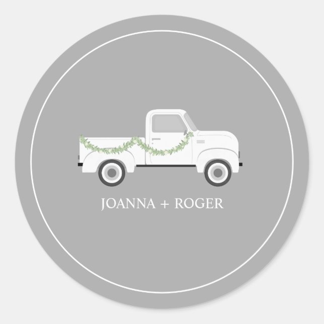 Vintage White Truck Wedding Classic Round Sticker (Front)