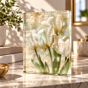 Vintage White Tulips Botanical Collage Acrylic Photo Block