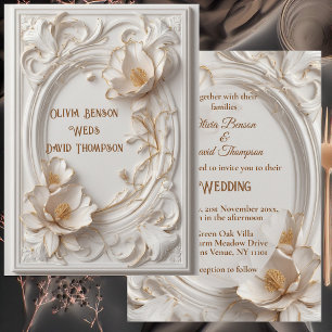 Vintage White Tulips Ivory Gold Baroque Scrollwork Invitation