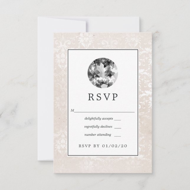 Vintage White Wedding Diamond RSVP Card (Front)