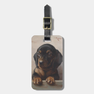 Vintage Wiener Dog Puppy Portrait Oil Painting Luggage Tag