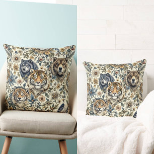 Vintage Wild Animal and Floral Pattern on White Cushion