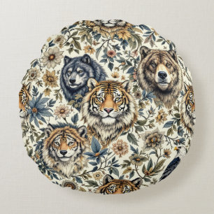 Vintage Wild Animal and Floral Pattern on White Round Cushion
