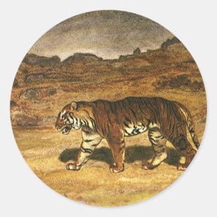 Vintage Wild Animal, Bengal Tiger Roaming Plains Classic Round Sticker
