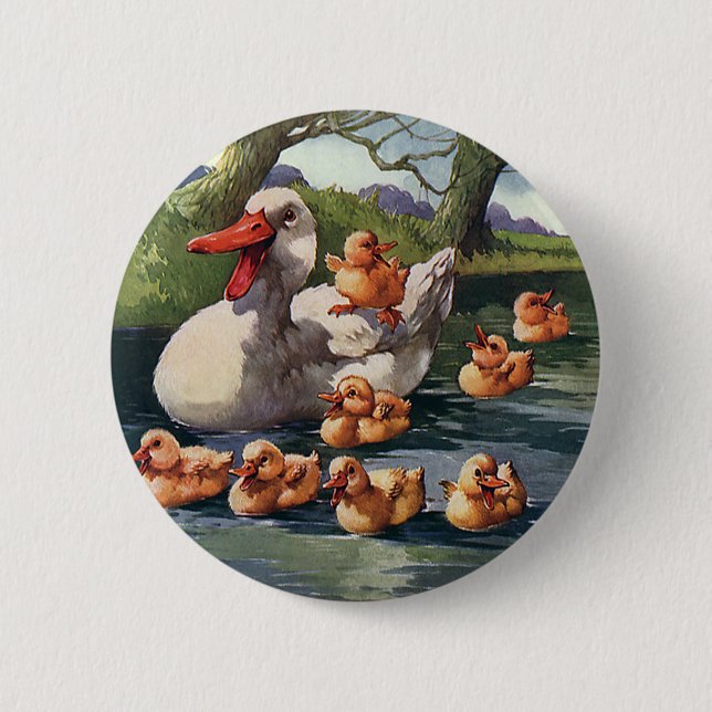 Vintage Wild Animals Birds, Ducklings Duck Family 6 Cm Round Badge (Front)