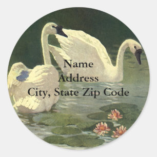 Vintage Wild Animals Birds, Victorian White Swans Classic Round Sticker