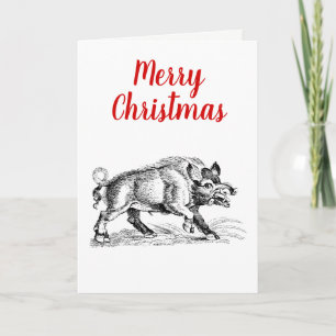 Vintage Wild Boar Drawing BW #2 Christmas Xmas Holiday Card