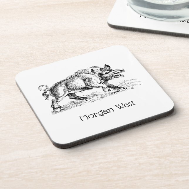Vintage Wild Boar Drawing BW #2 Coaster (Left Side)