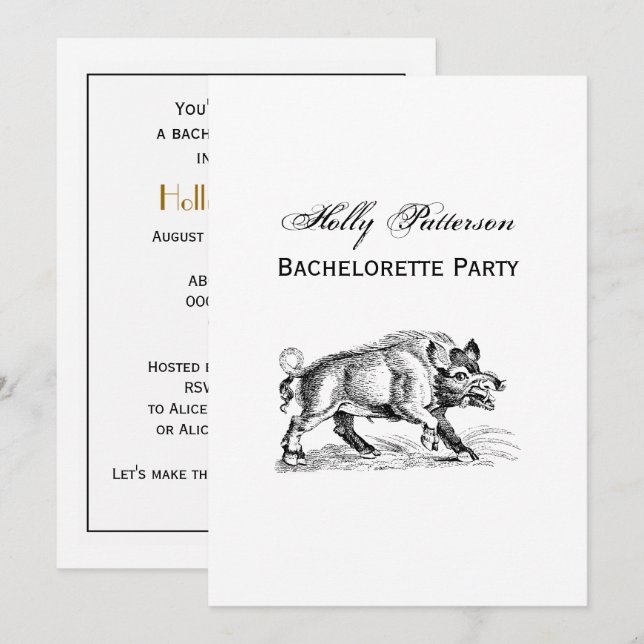 Vintage Wild Boar Drawing BW #2 Invitation (Front/Back)