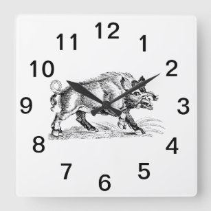 Vintage Wild Boar Drawing BW #2 Square Wall Clock