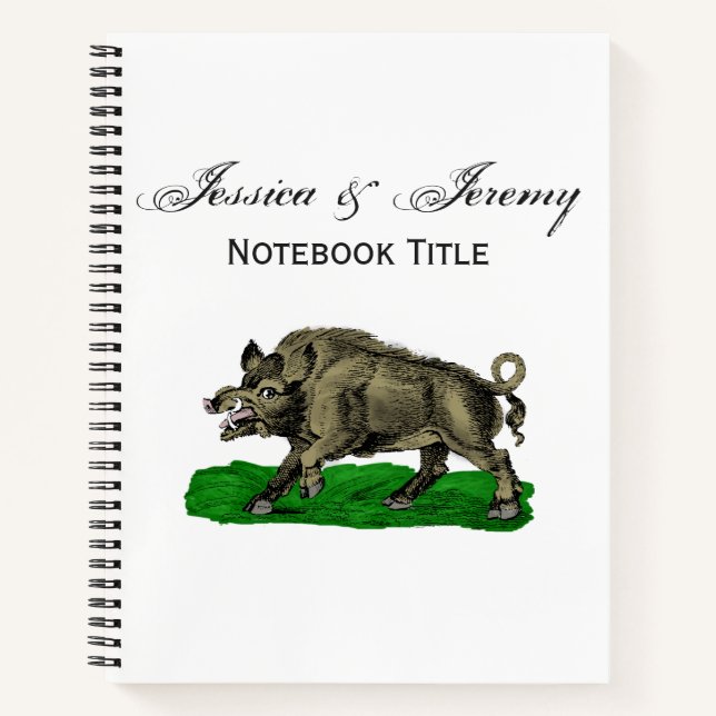 Vintage Wild Boar Drawing BW #3C Notebook (Front)