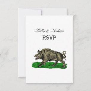 Vintage Wild Boar Drawing BW #3C RSVP Card