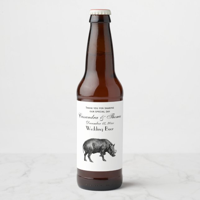 Vintage Wild Boar Drawing BW Beer Bottle Label (Front)