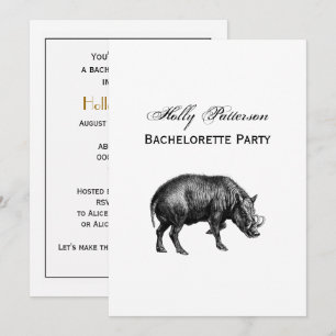 Vintage Wild Boar Drawing BW Invitation